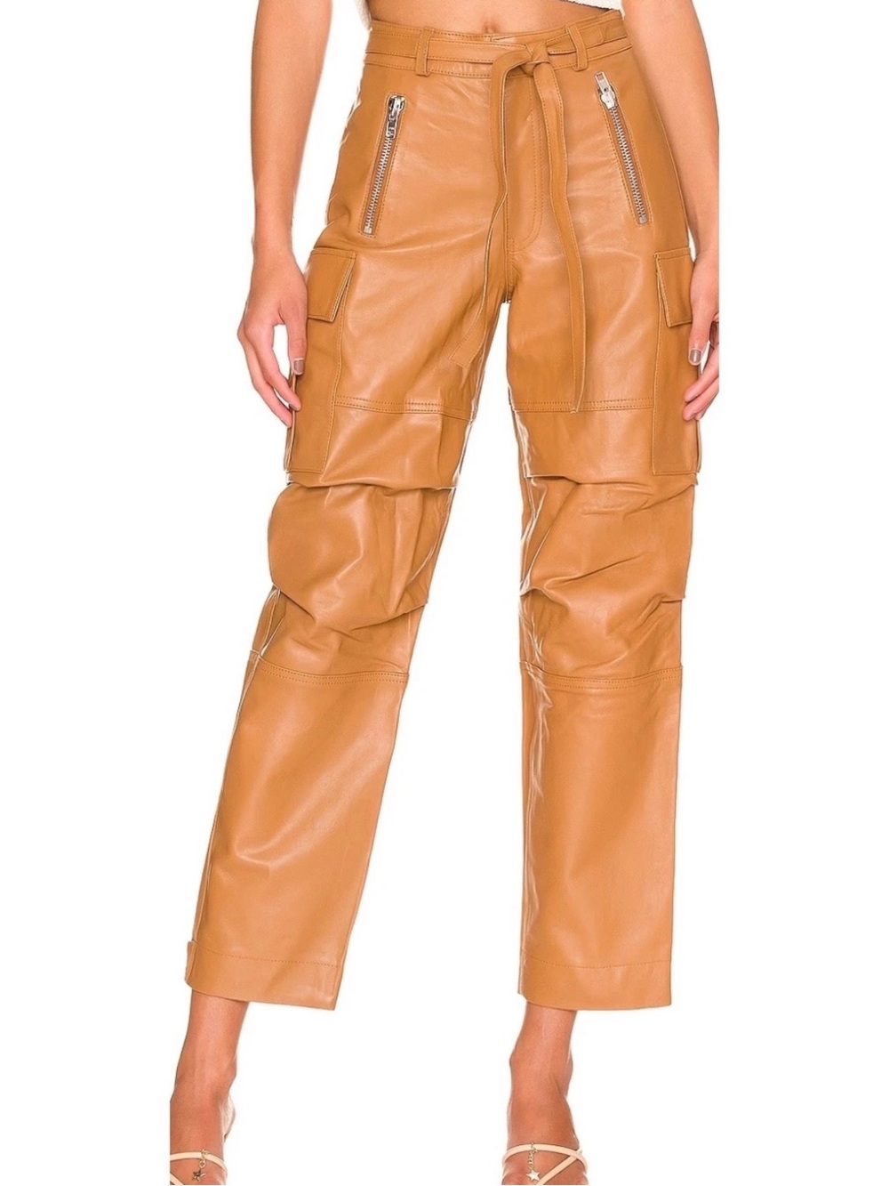 L'Academie Camel Leather Cargo Straight Leg Pants